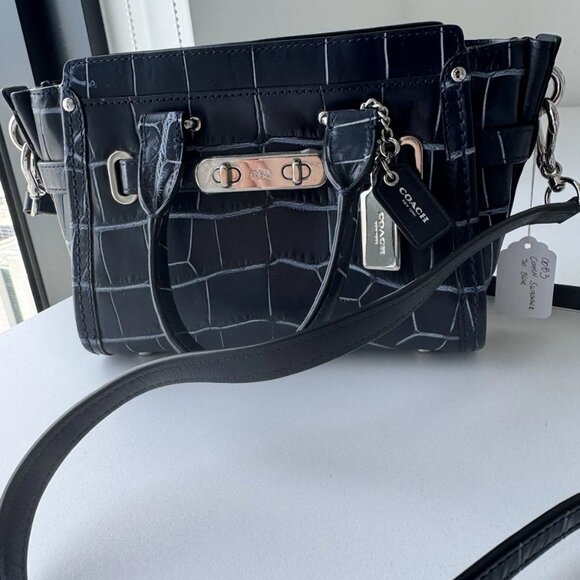 COACH SWAGGER 20 EMB CROC LEATHER SATCHEL BAG PURSE NAVY BLUE DENIM - Picture 1 of 15